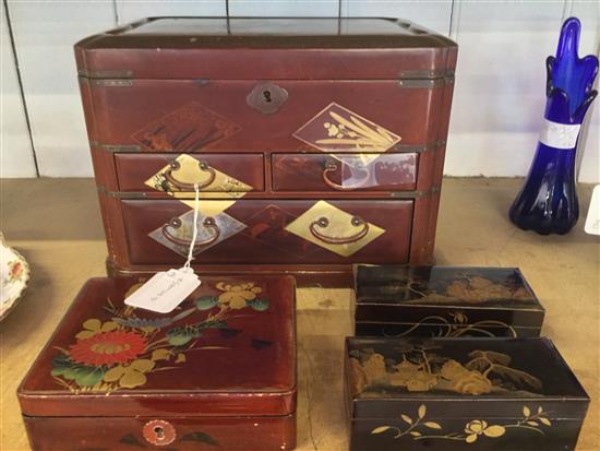 Japanese lacquer sewing box & 3 smaller